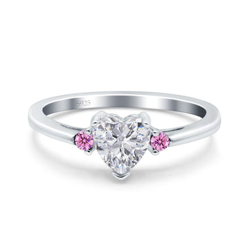 Art Deco Heart Three Stone Wedding Ring Pink Simulated Cubic Zirconia 925 Sterling Silver